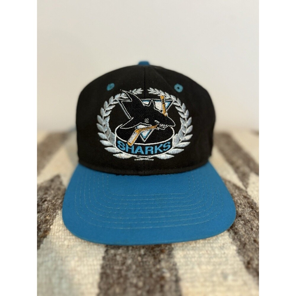 Vintage San Jose Sharks Fitted Hat Size 6 & 7/8 Black Blue Teal White Old Logo